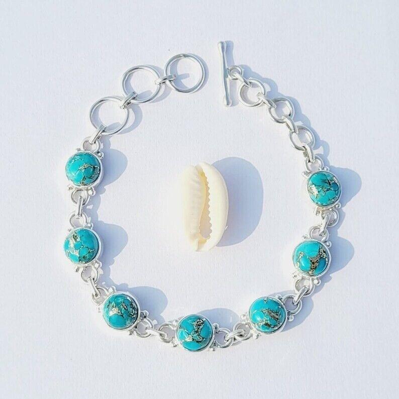 Ювелирный браслет ручной работы из стерлингового серебра 925 пробы с бирюзовым драгоценным камнем в подарок для нее