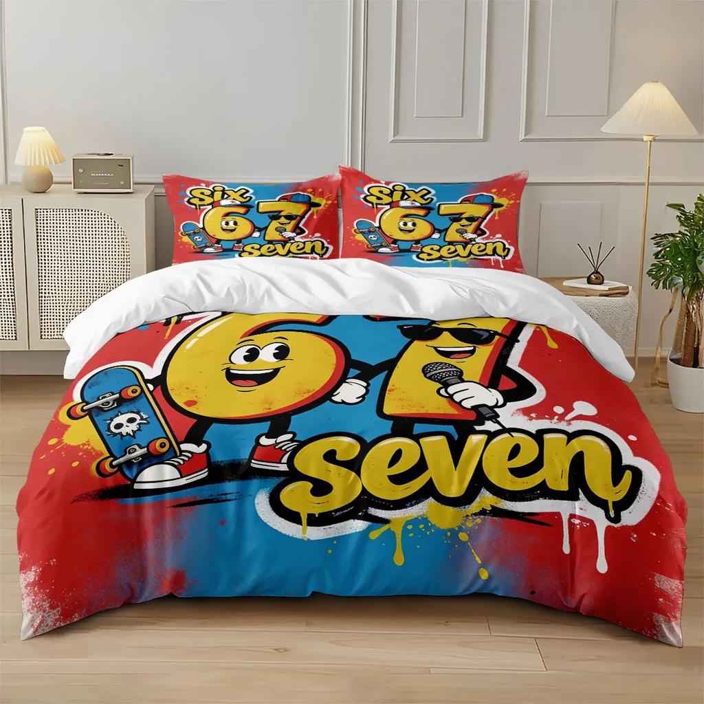 Cool Cartoon 3D Retro 67 Graffiti Bedding Set, Street Style Colorful Hip Hop Print Comforter Cover for Youth Bedroom Decoration
