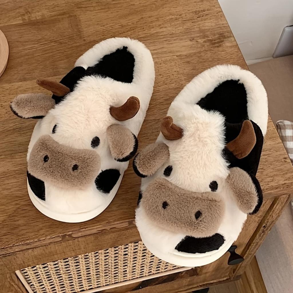 Cute Cow Slippers, Women's and Men's Plush Slippers, Winter Plush Thick Soled Slippers, Indoor Kawaii Shoes, Cartoon Style, Fabric Upper and Insole