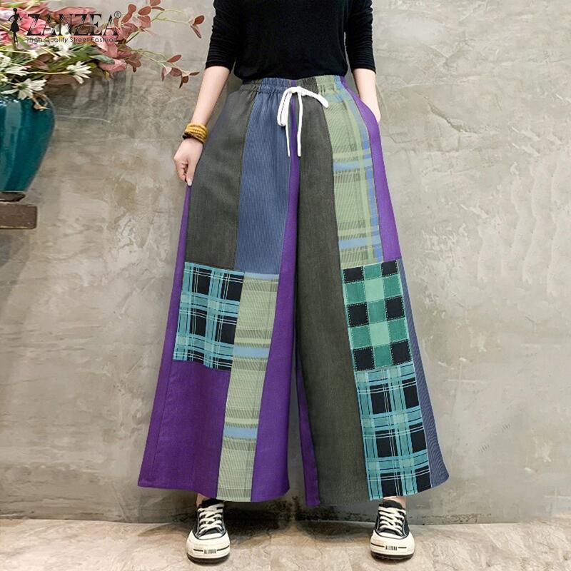 ZANZEA Женские повседневные свободные брюки в стиле пэчворк с эластичной резинкой на талии