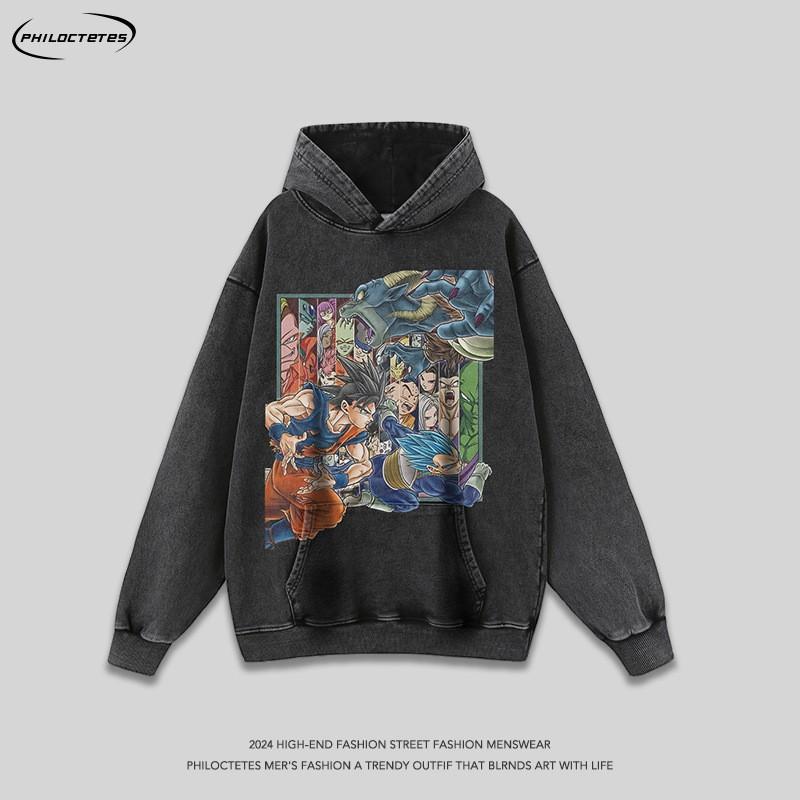 Unisex Oversized Retro Anime Print Washed Cotton Hoodie Streetwear Long Sleeve Sweatshirt
