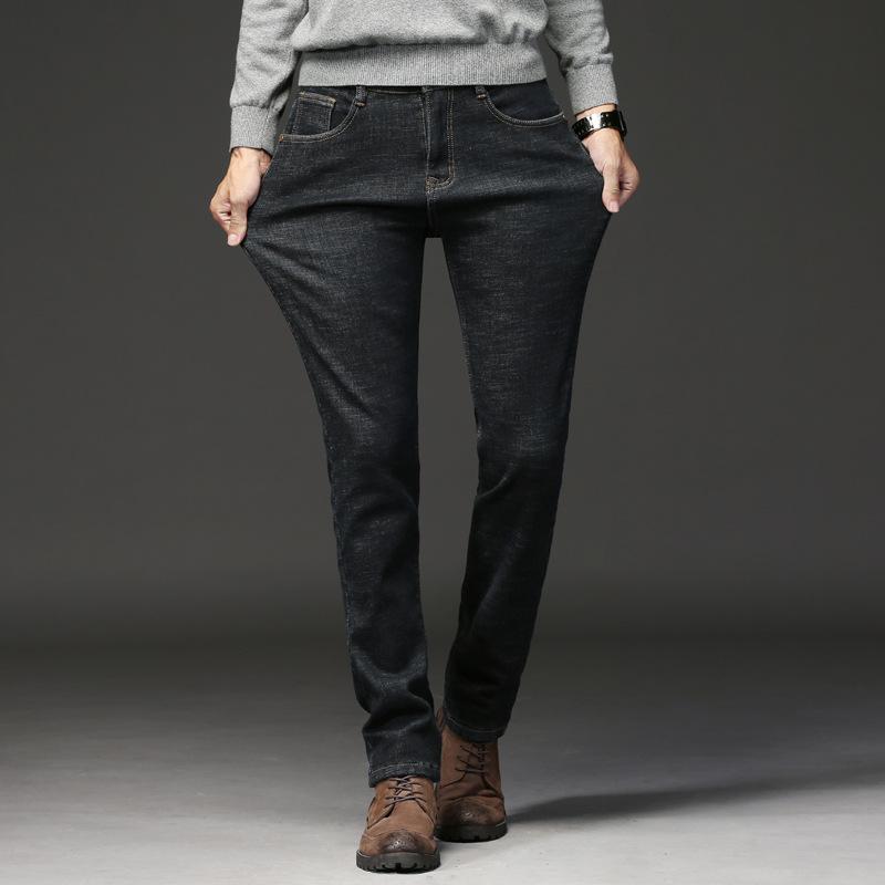 Джинсы с подкладкой, мужские зимние утолщенные теплые прямые свободные эластичные повседневные хлопковые зимние брюки с фланелевыми мужскими брюками