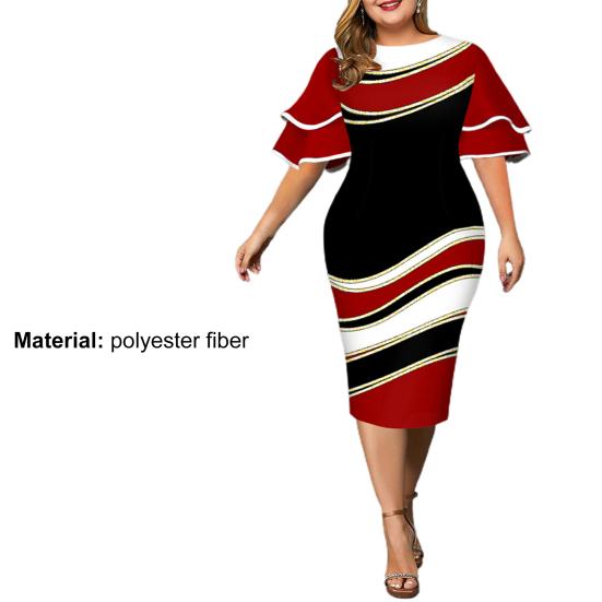 Женские нижние юбки размера плюс, женское облегающее платье с геометрическим принтом, многослойное платье с рукавами-колокольчиками, осеннее тонкое платье миди с круглым вырезом для свадьбы