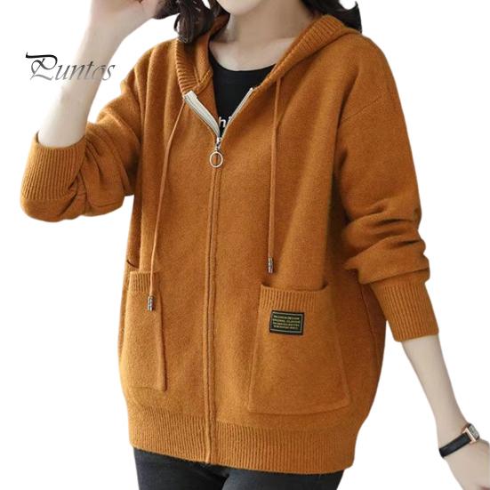 Осень-зима Женское пальто с капюшоном, завязками, длинными рукавами, карманами, плотный, сохраняющий тепло, однотонный кардиган на молнии, повседневная трикотажная куртка