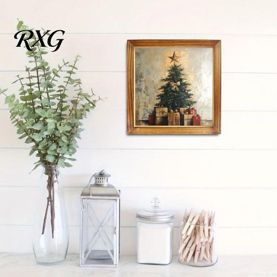 American Country Home Decor Double-Layer Wooden Framed Christmas Wall Art, Retro Santa Reindeer Picture Frame, Rustic Wood Art Prints Hangable