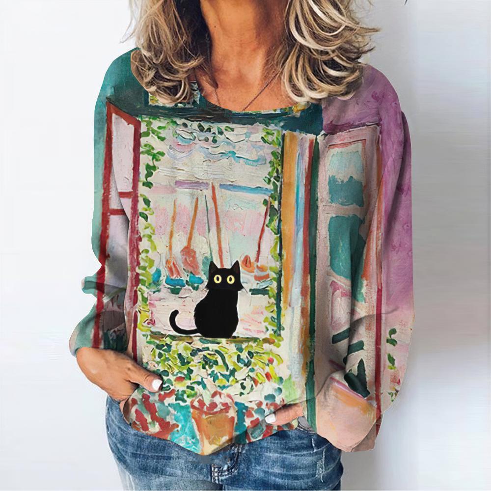 Harajuku Vintage женские футболки женская одежда цветы кошка принт длинные рукава футболка повседневный свободный топ пуловер осень / зима
