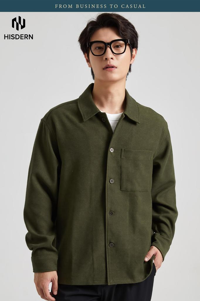 HISDERN Long Sleeve Thick Corduroy Shirt Loose Size M Men's Jacket, Fit, Winter, Green,