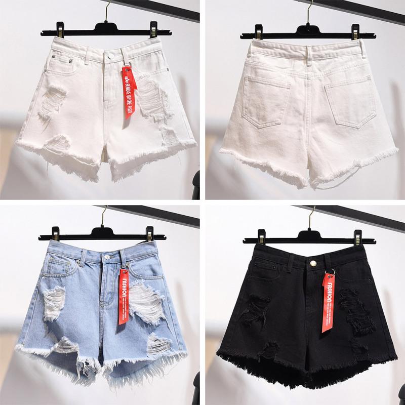 Women Solid Color High Waist Slim Casual Slim Waist Summer Loose Hole Hot Denim Shorts