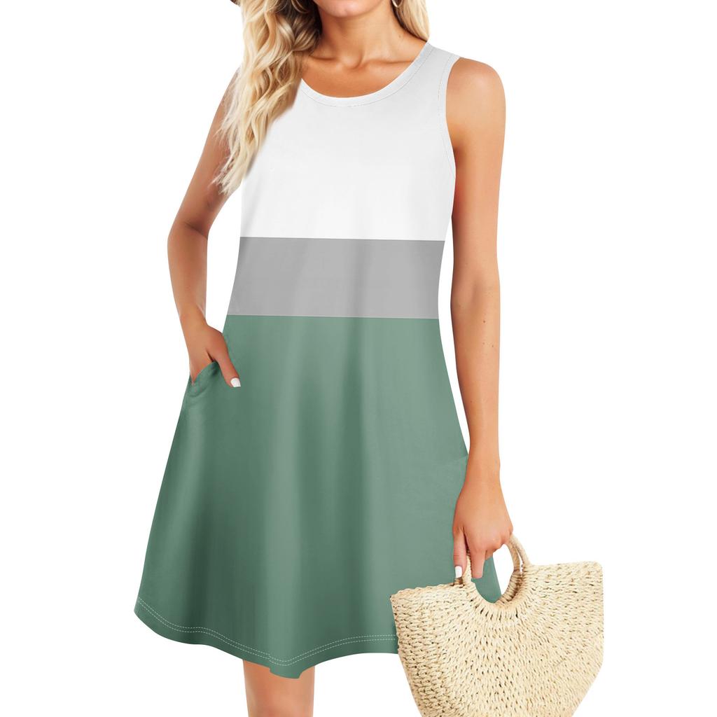 Summer Dresses For Women Beach Boho Sleeveless Vintage Printing Flowy Pocket Tshirt Tank Sundresses