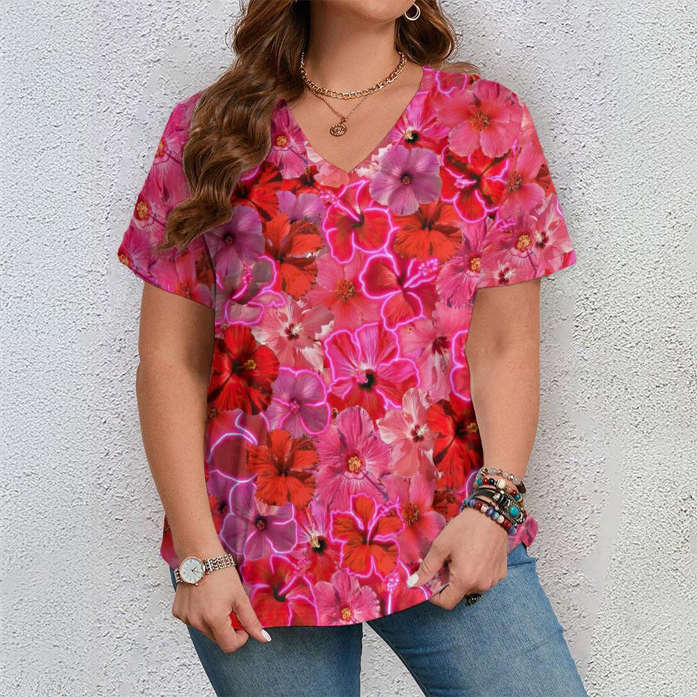 Women's Short Sleeve V Neck Tshirt Woman Fashions Loose Plus Size Clothing Colorful Flower Print Holidays T-Shirts Tops
