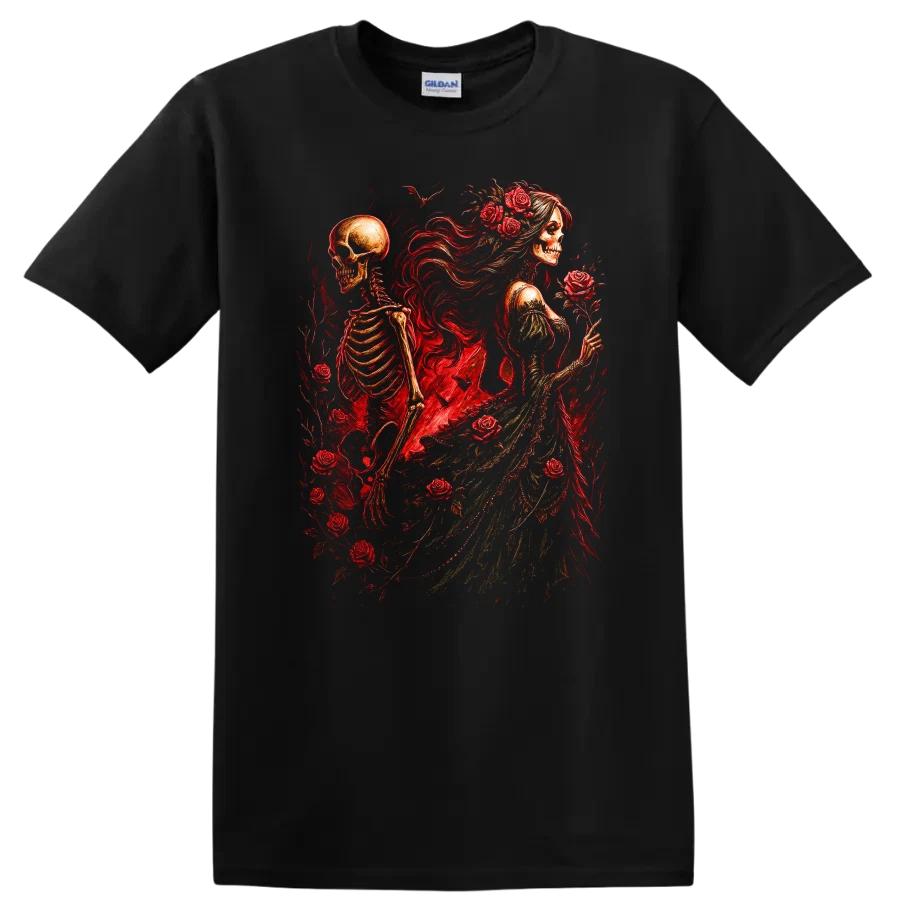 Skeleton Rose Bride Gothic T Shirt Halloween Red Floral Design Tee