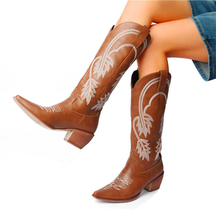 FOREADA Женские ковбойские сапоги до колена, с острым носком, на массивном высоком каблуке, с вышивкой, в стиле вестерн, сапоги гого, женская модная обувь, зима, красные