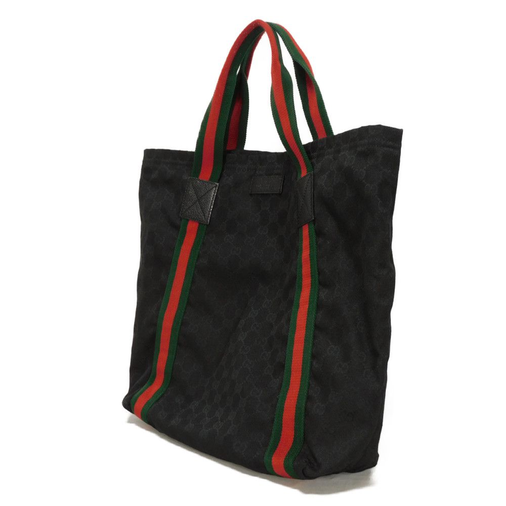 Used 9539 GG Canvas Tote 189669 7924 A4 Cotton Calfskin Web Stripe Green Red Logo Embossed Black Unisex from Japan