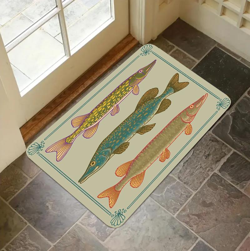 Light Green Grid Two Golden Arowana Fish Doormat Non Slip Durable Oriental Lucky Animal Front Door Indoor Rug