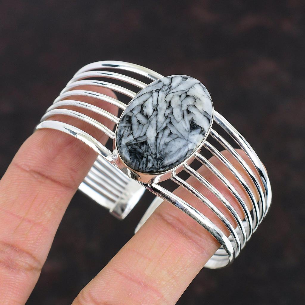 Браслет-манжета Pinolith Jasper из стерлингового серебра 925 пробы, регулируемый браслет-манжета ручной работы с настоящим драгоценным камнем, изящный браслет-манжета, подарок на годовщину