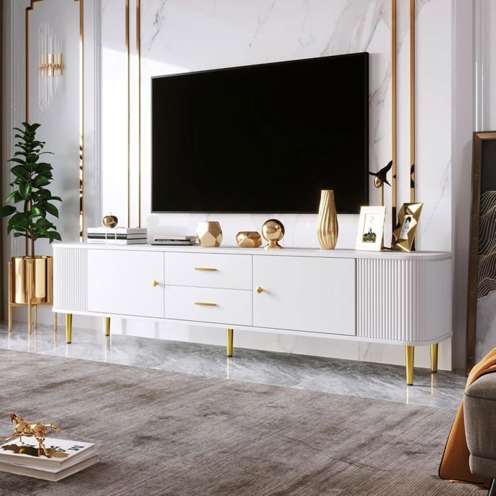 Lemonbest Meuble TV 170 cm Moderne avec tiroirs et côtés ondulés Bords incurvés, Meuble tv bas avec poignées et Pieds dorés - Blanc