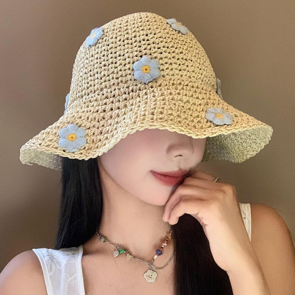 Sweet Foldable Straw Hat Little Flowers Sun Protection Fisherman Cap Uv Protection Breathable Sun Hat Summer