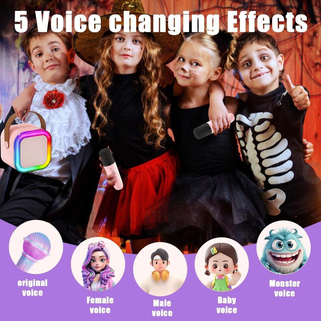 Karaoke Machine, Mini Karaoke Machine with Wireless Microphone, Portable Speaker with Voice Changer Effect and LED Light, Best Gift Toys for Boys and
