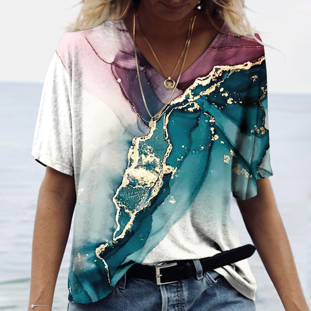 Женская футболка с 3D принтом и градиентом, одежда для девочек, блузка большого размера с v-образным вырезом, летний пуловер в стиле Харадзюку с короткими рукавами, женские повседневные топы