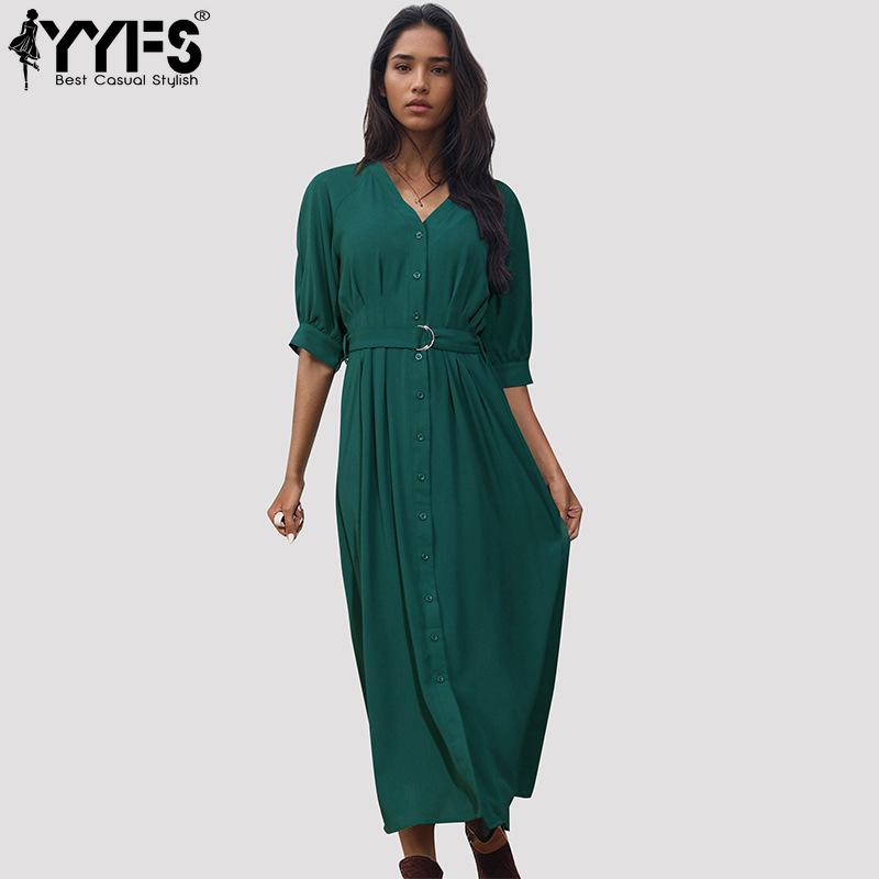 With Belt YYFS Women's Fashion Summer Spring Solid Color Print 1/2 Sleeves V-Neck Middle Waistline Casual Dresses