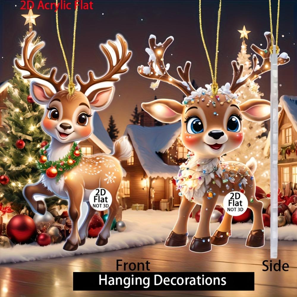 Cute Elk Baby with Christmas Lights Acrylic 2D Flat Pendant Christmas Tree Decoration Pendant Car Rearview Mirror Pendant Holiday Decoration Pendant