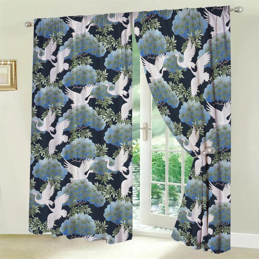 2pcs Japanese Style Hot-scalding Crane Curtains Sunshade and Privacy-protecting Pole-style Curtains