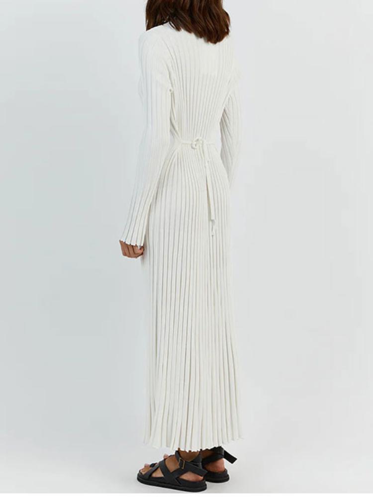 Сплошное цветное вязаное платье с круглым вырезом и длинными рукавами, женское плиссированное тонкое белое длинное платье, женская офисная уличная одежда, Vestido