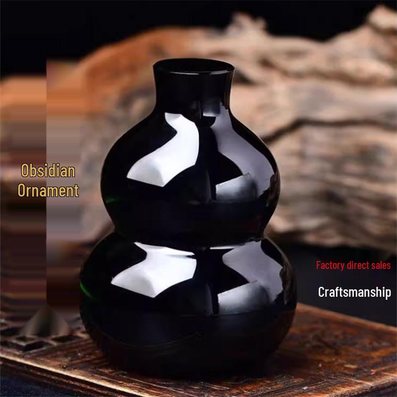 Pure Black Obsidian Gourd Ornament – Ruyi Gift for Home, Office, or Entryway Decor