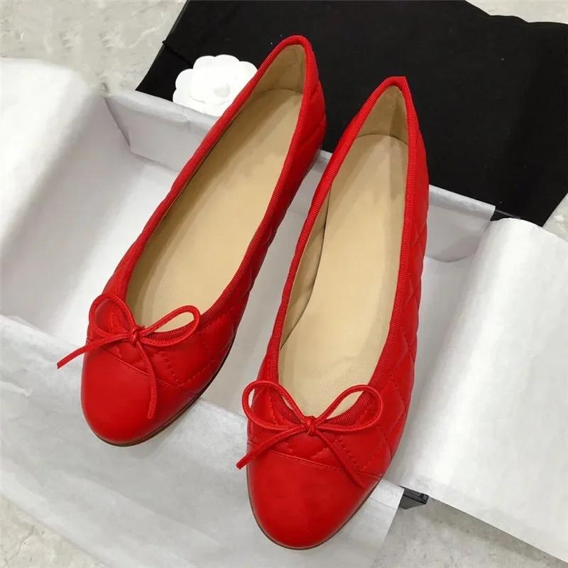 Весна 2024 года, новые женские балетки с круглым носком и бантом на плоской подошве, с закрытым носком
