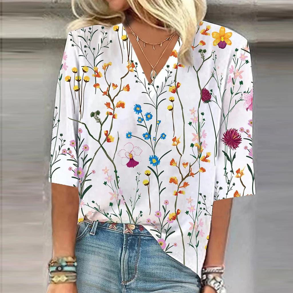 Женская рубашка, блузка, повседневные свободные рубашки, рукава 3/4, топы с v-образным вырезом и принтом, топы с принтом, футболки, футболки