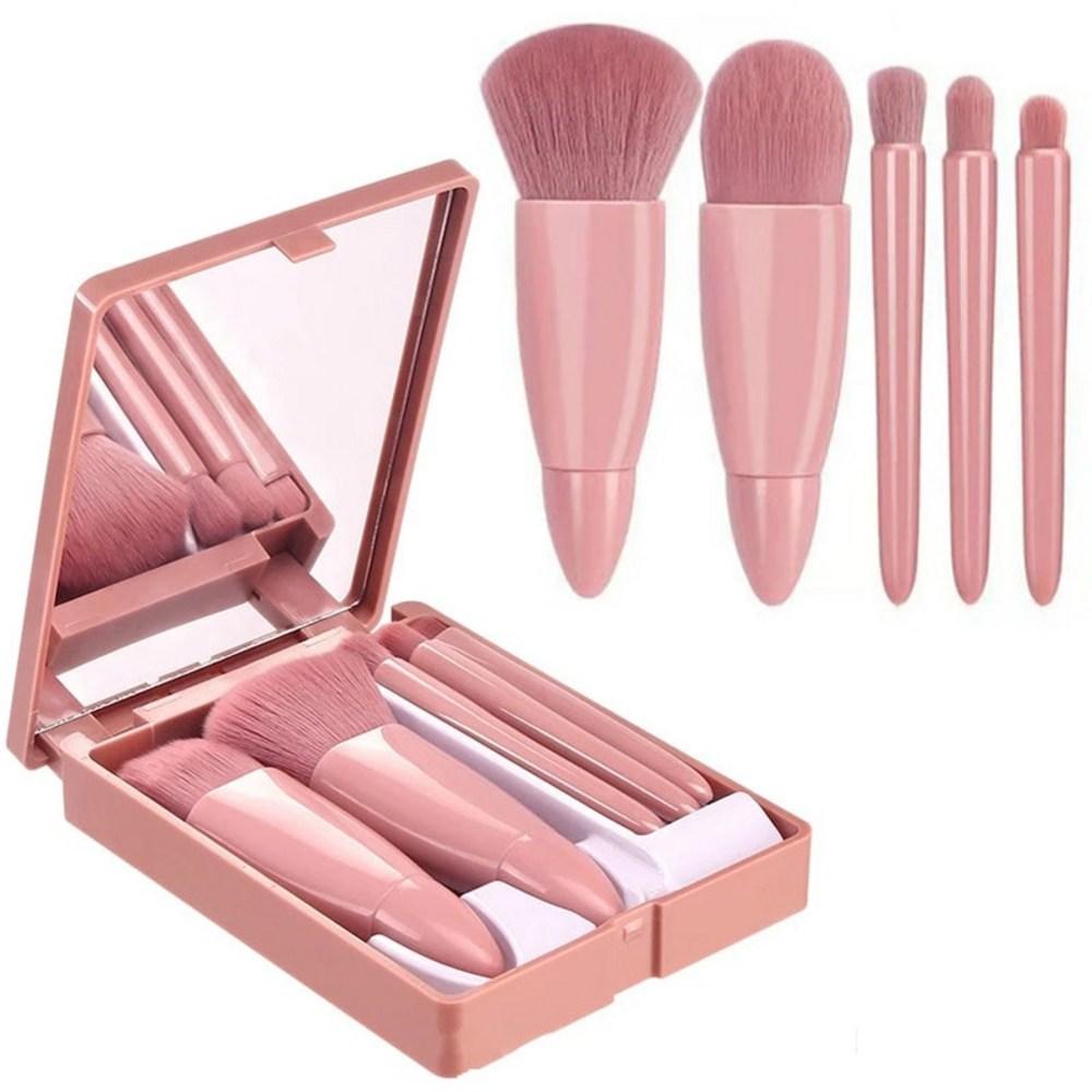 Fizz Foundation Brush with Mirror Case Loose Powder Foundation Blush Brush Soft Bristle Full Set Shadow Lip Makeup Light Pink, 1pc
