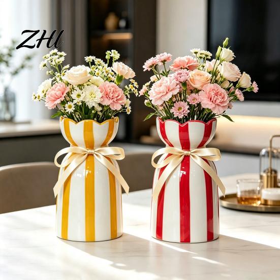 Modern Desktop Ornament Hand-Painted Ceramic Vase, Minimalist Striped Floral Vase for Fresh Hand Painted Holder Flowers, Hydroponic Plant Pot