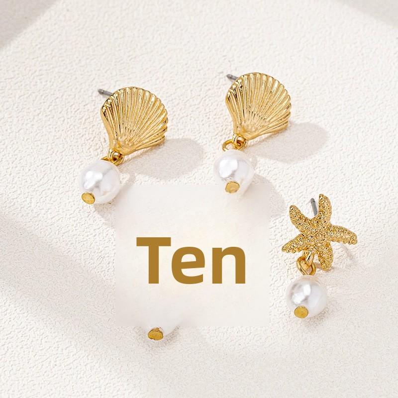 Creative Star Seashell Zircon Earrings 6 Piece Set for Women Electroplated Alloy Vacation Style Fresh and Sweet