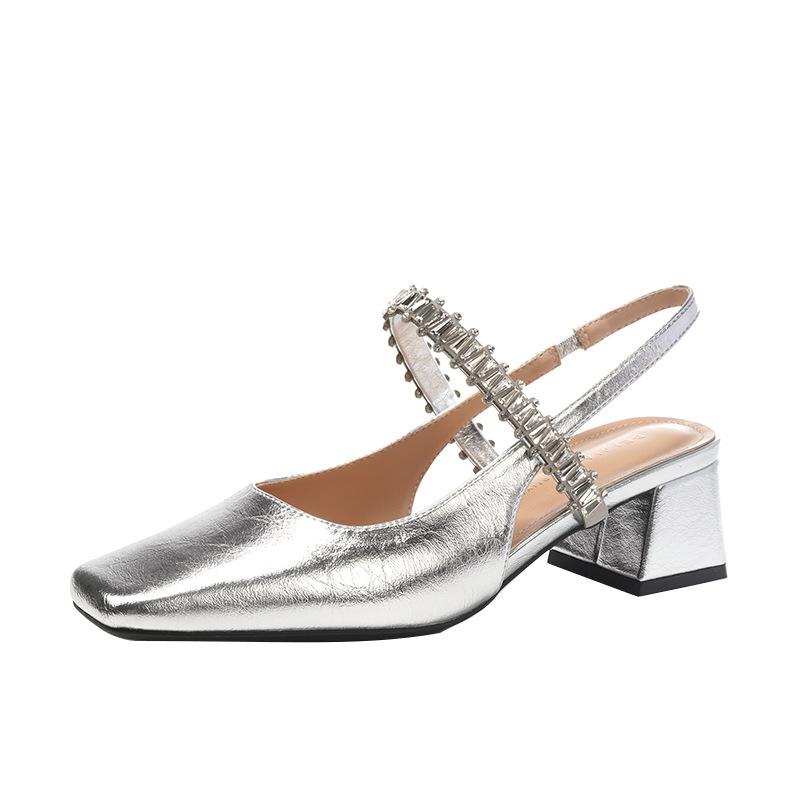 Серебряная цепочка со стразами, сандалии с квадратным носком, женские туфли Мэри Джейн из овчины, толстый каблук, одинарные туфли