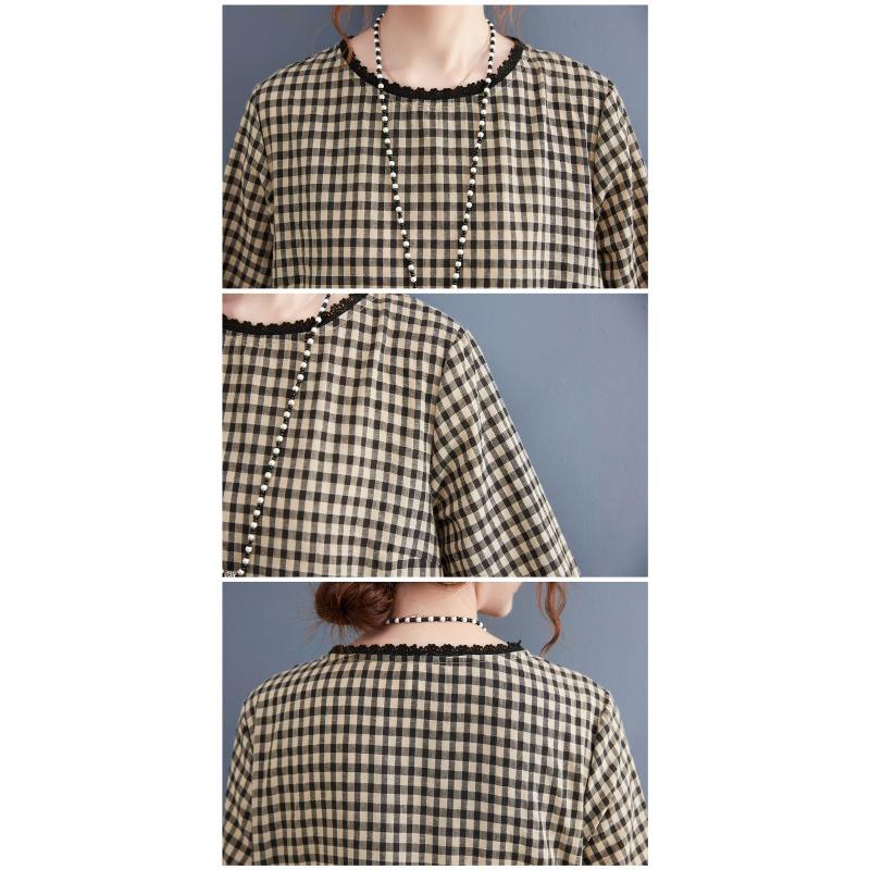 Korean Version of Wooden Ear Lace Plaid Dress Plus-size Women's Casual Dress