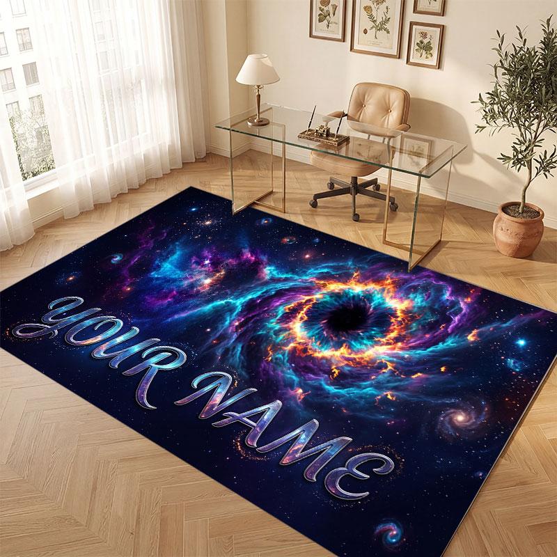 Space Cosmic Theme Crystal Velvet Floor Rug Personalized Custom Name Text Warm Carpet Home Decoration