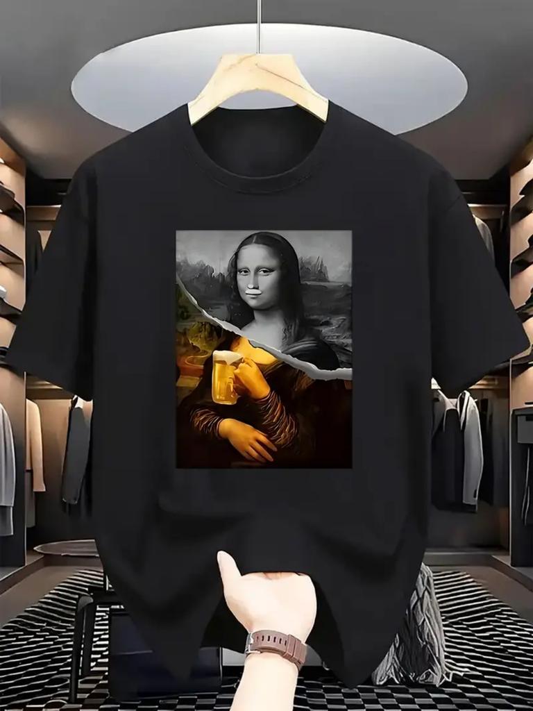 Mens Funny Mona Lisa Beer Painting Graphic TShirt Black Casual Summer Tee for Everyday Party Wear Machine Washable