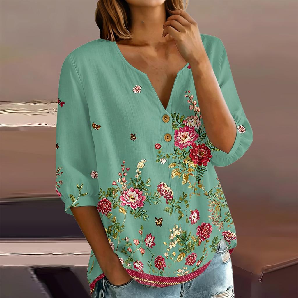 Женская блузка-henley с цветочным принтом, пуговицами спереди, рукавом три четверти, из хлопка и льна, повседневная, свободного кроя