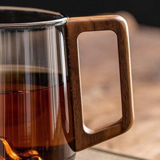 Yousheng 450 мл Винтажная стеклянная чашка с деревянной ручкой Жаростойкая с горным дном Прозрачная кофейная кружка Большой емкости Чашка для питья чая, молока, воды