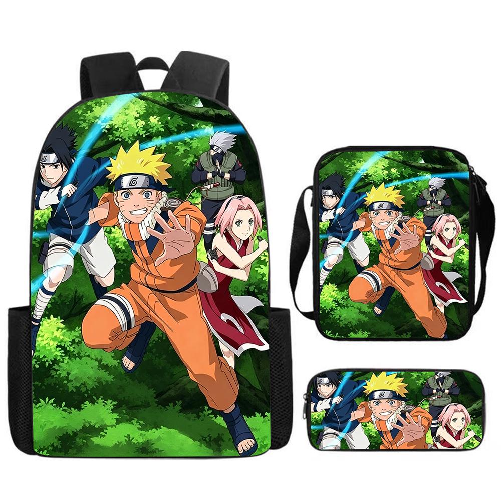 Набор из 3 предметов Рюкзак NARUTO для детей с сумкой через плечо и пеналом Легкий и прочный, Мультяшные школьные сумки для детей от 4 до 10 лет Мальчиков и Девочек