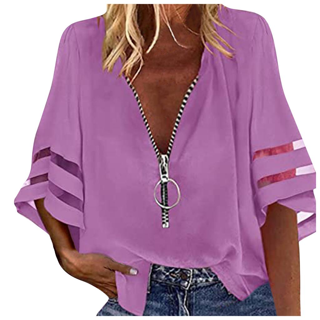 Women's Fashion Solid Colour Casual Loose Mid Sleeve Patchwork T-Shirt Top