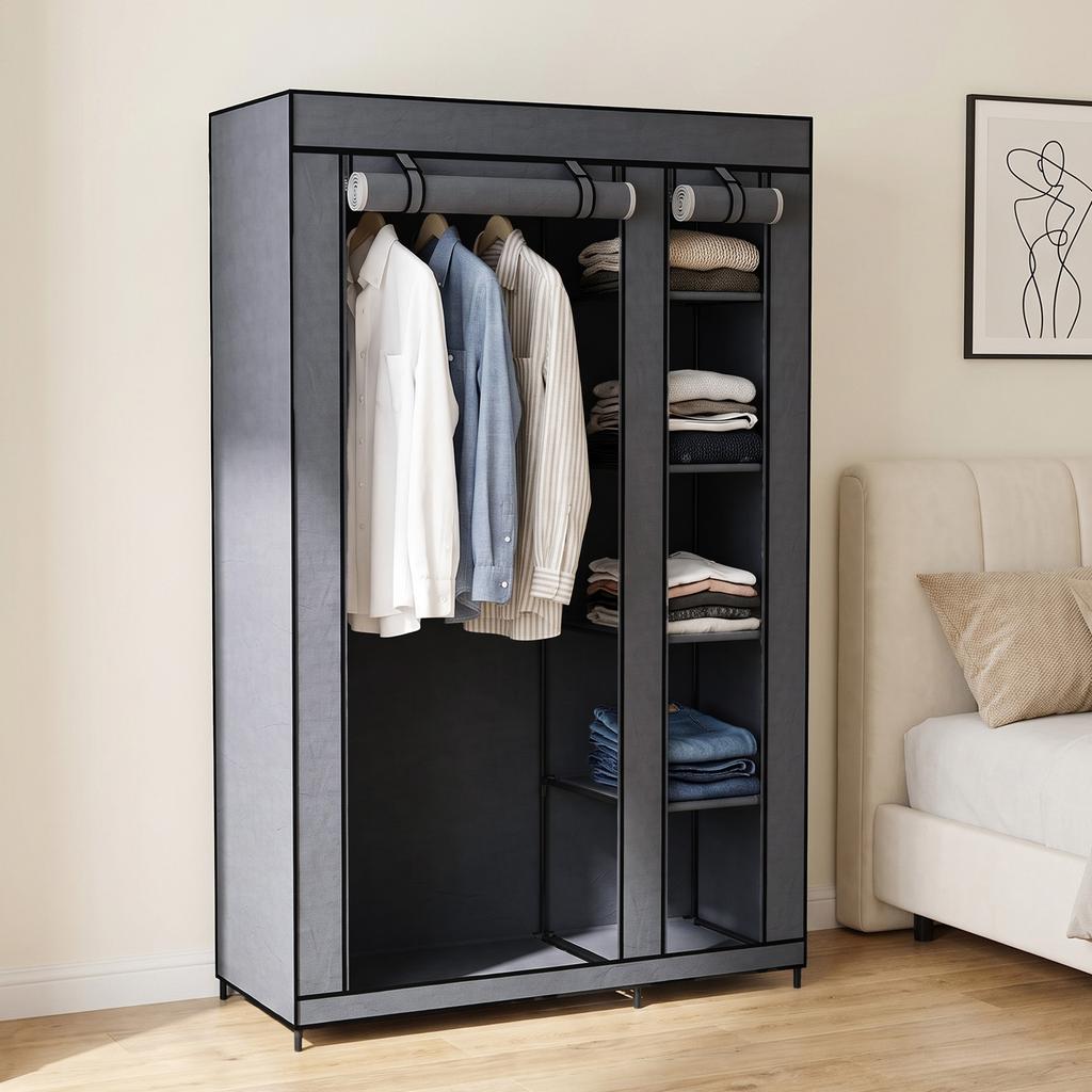 Mobile fabric wardrobe with clothes rail and 5 storage compartments, gray