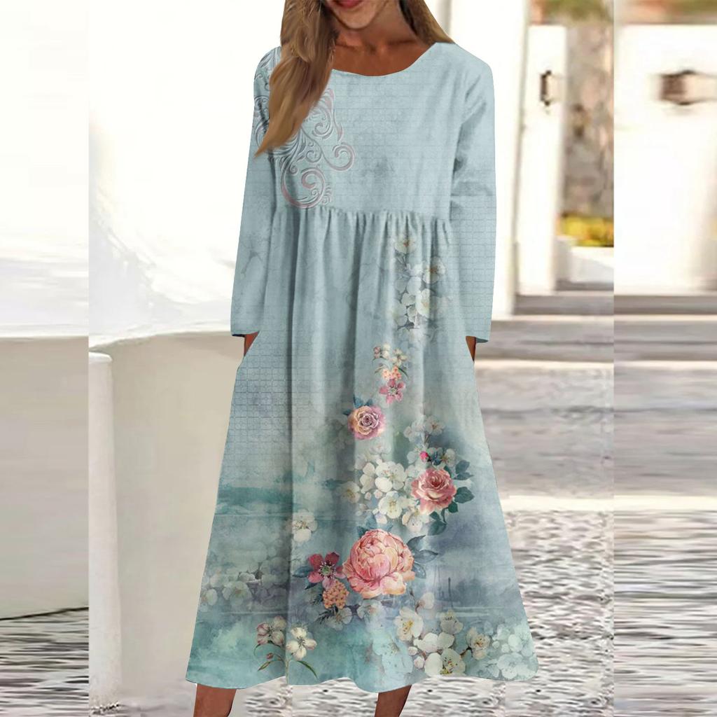 Женское повседневное платье средней длины с круглым вырезом и принтом, карманное платье с длинными рукавами