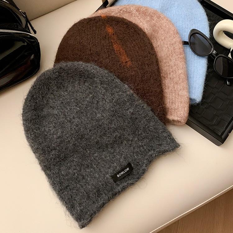 Wool gray crimped knitted stacking hat women's autumn and winter advanced ear protection hat small face warm cold hat