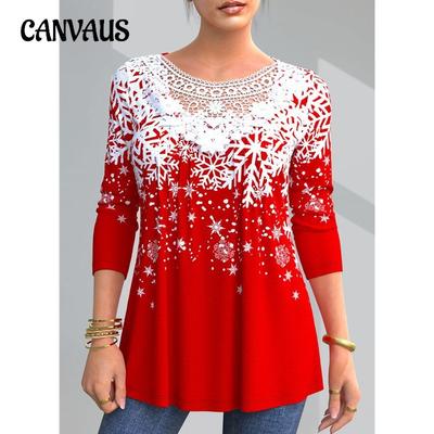 Весенне-осенняя женская блузка больших размеров с кружевным принтом и рождественским элементом, свободный топ с длинными рукавами