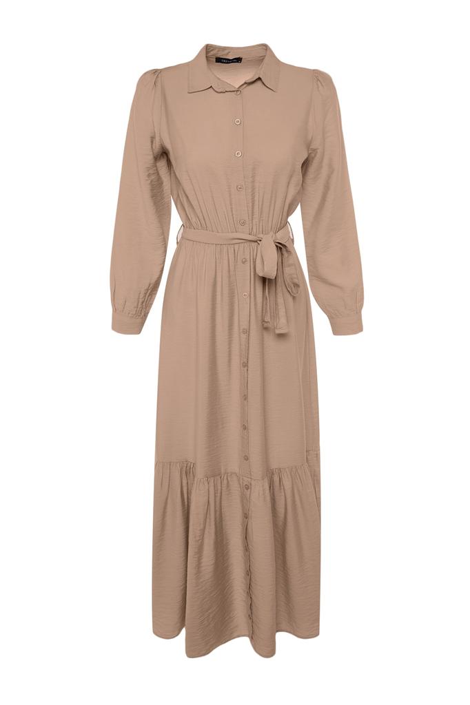 Women's Fashion New Hijab Dress Mink Belted Shoulder Detailed Skirt Flounced Woven Shirt Dress