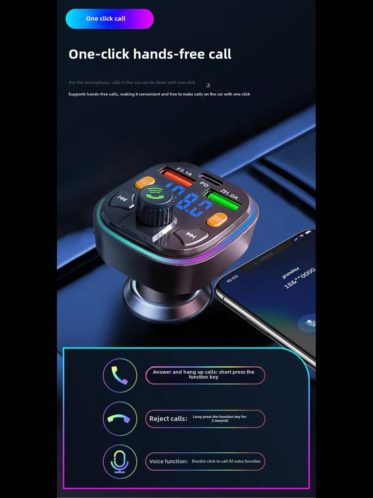 Q5 Car Bluetooth Charger with Dual Ports, FM Modulation, Blue Ambient Light, MP3 Player, and Fast Charging