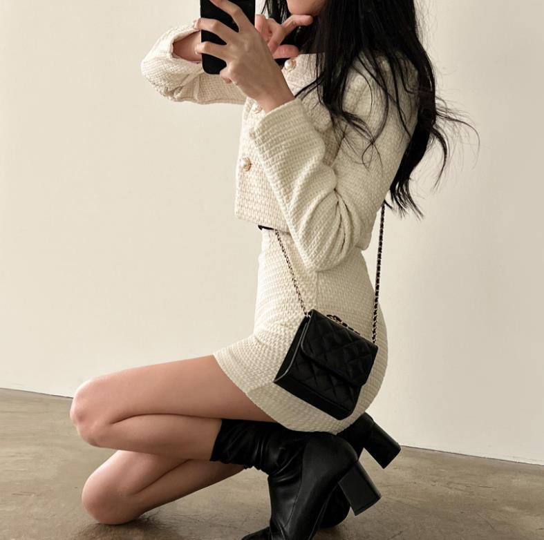 Женский твидовый комплект из двух предметов, длинный рукав, жемчужные пуговицы, короткая куртка, А-силуэт, мини-юбка, комплект, осенне-зимняя одежда