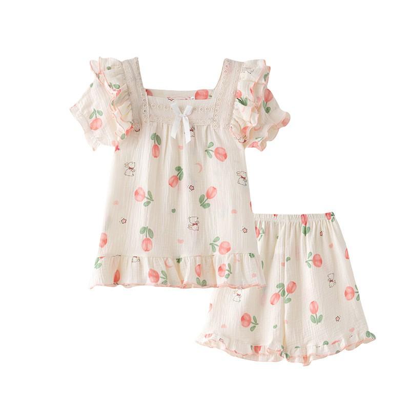 Cotton Gauze Kids Pajama Set Girls Short Sleeve Sleepwear Lightweight Open-Front Home Outfit