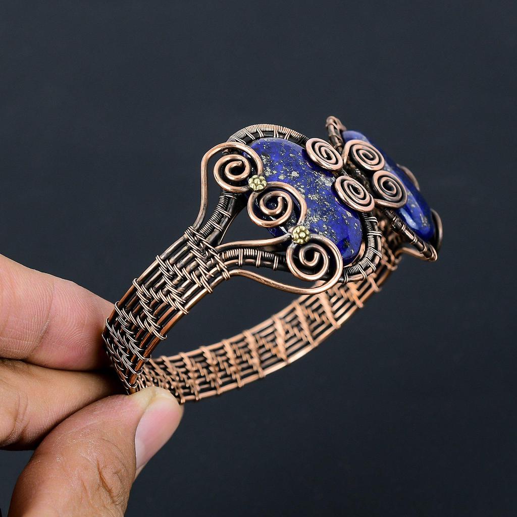 Lapis Lazuli Gemstone Pure Copper Wire Wrapped Handmade Cuff/ Bangle Adjustable Jewelry